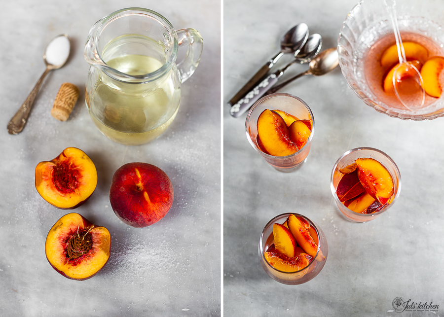 Chilled peaches in white wine