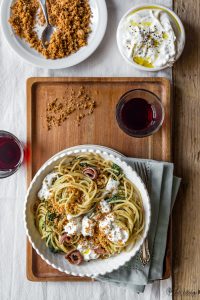 Spaghetti with agretti, burrata and anchovies