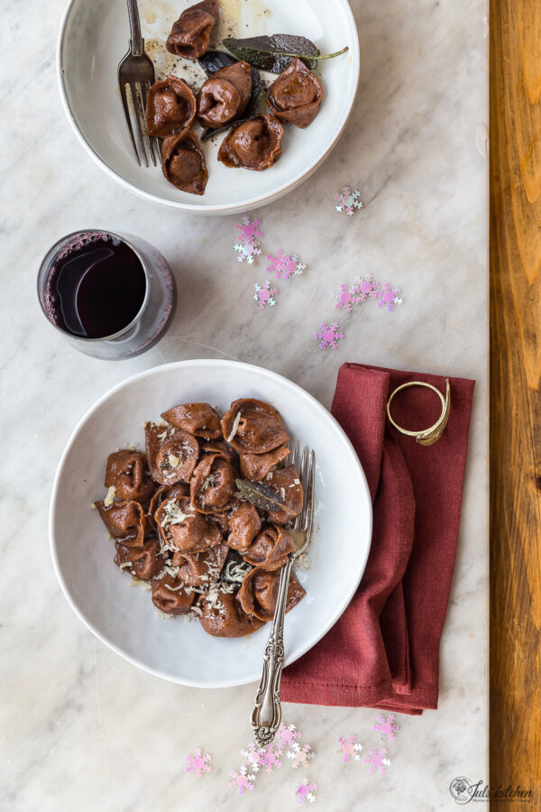 Cocoa cappellacci with butternut squash and walnuts