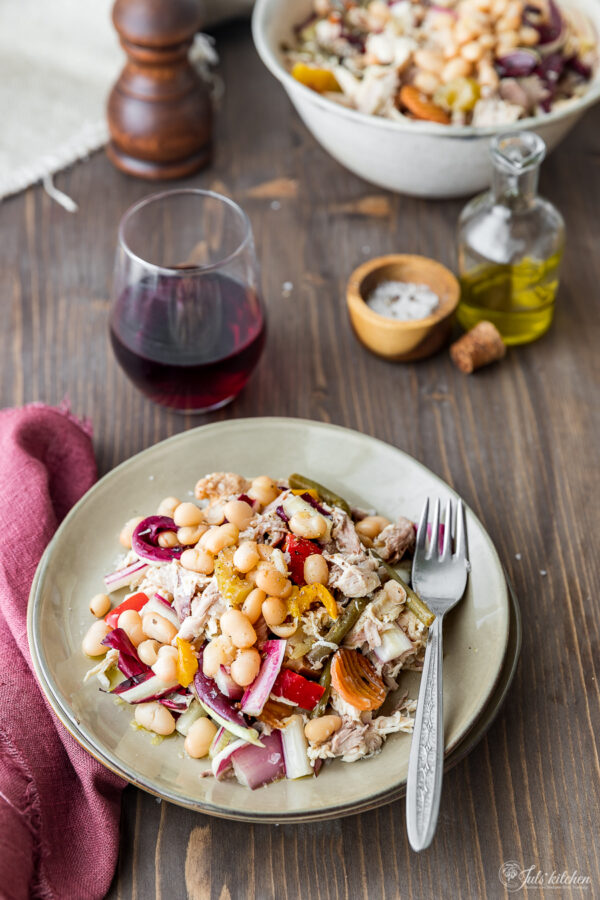 Cannellini bean and chicken salad, with pickles and radicchio