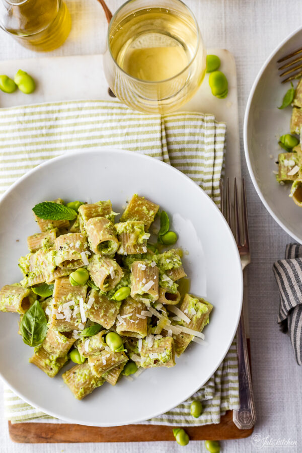 Pasta with fava bean pesto