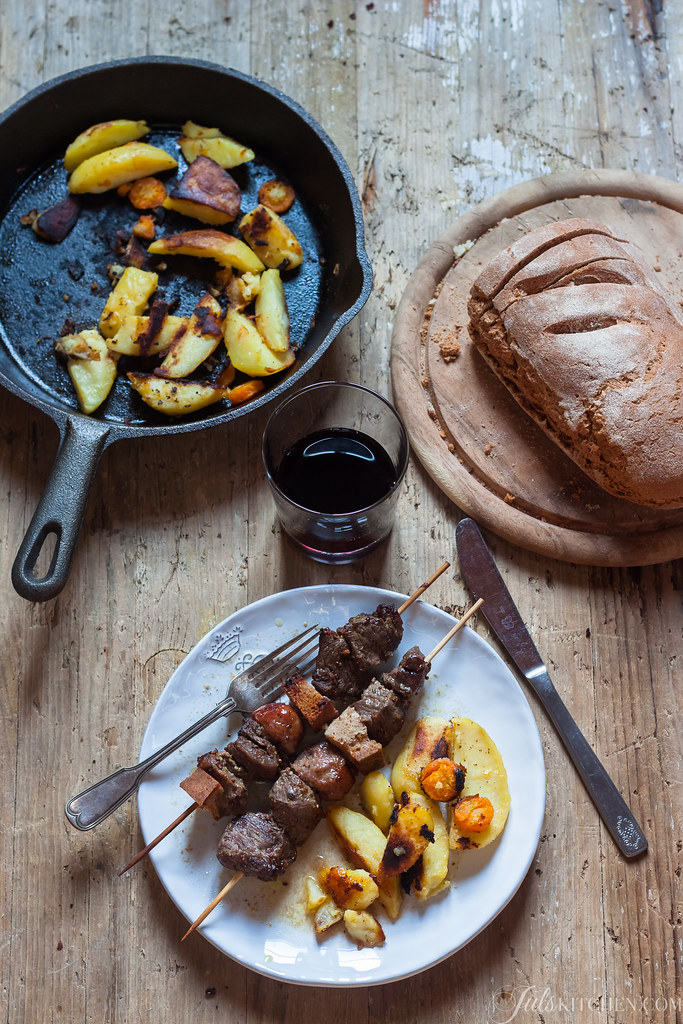 Beef skewers marinated with orange and lemon juice